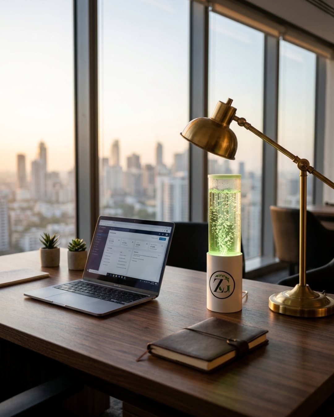 Zygreen Desk glowing beside a laptop on an office desk