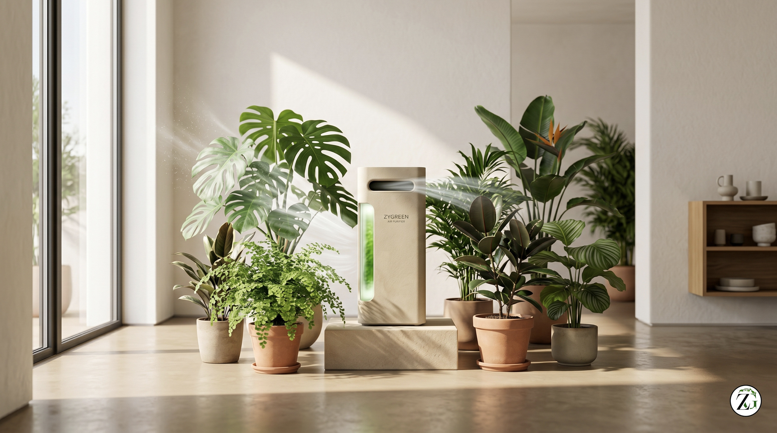 Zygreen Module V.1 — Algae-powered air purification system in a luxury interior with plants